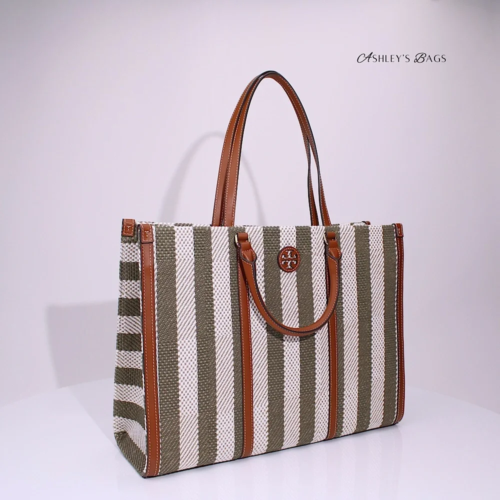 Tory Burch Blake Jumbo Striped Tote In Grove Green - Picture 2 of 8